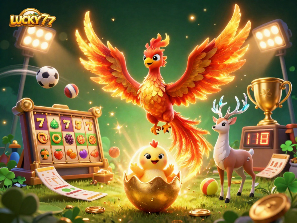 Engage in thrilling gameplay with LUCKY77 and dynamic slot elements amidst a vibrant 3D scene.