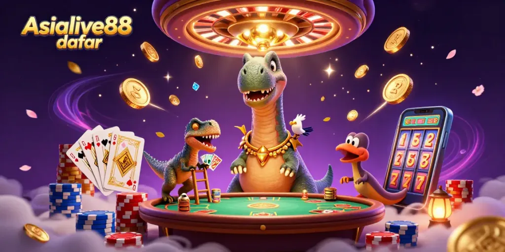 Join Asialive88 daftar for thrilling poker action with a whimsical dinosaur dealer and vibrant casino elements.