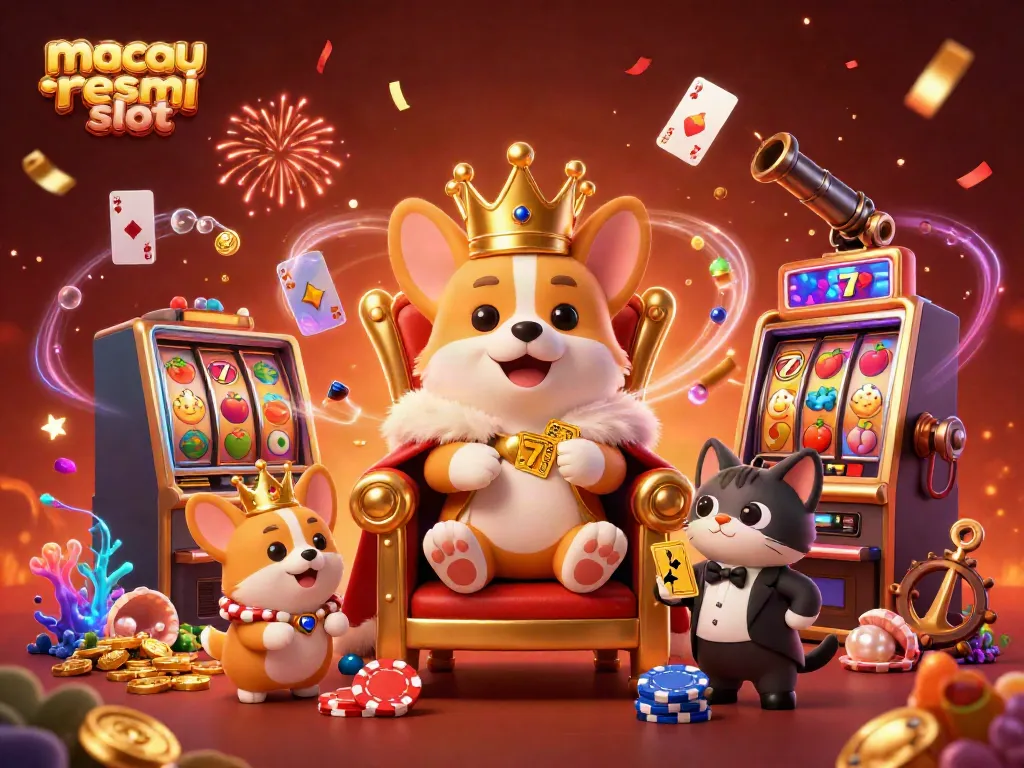 Raih kemenangan dengan Macau Resmi Slot, penuh dengan simbol slot dan karakter ceria di dalamnya.