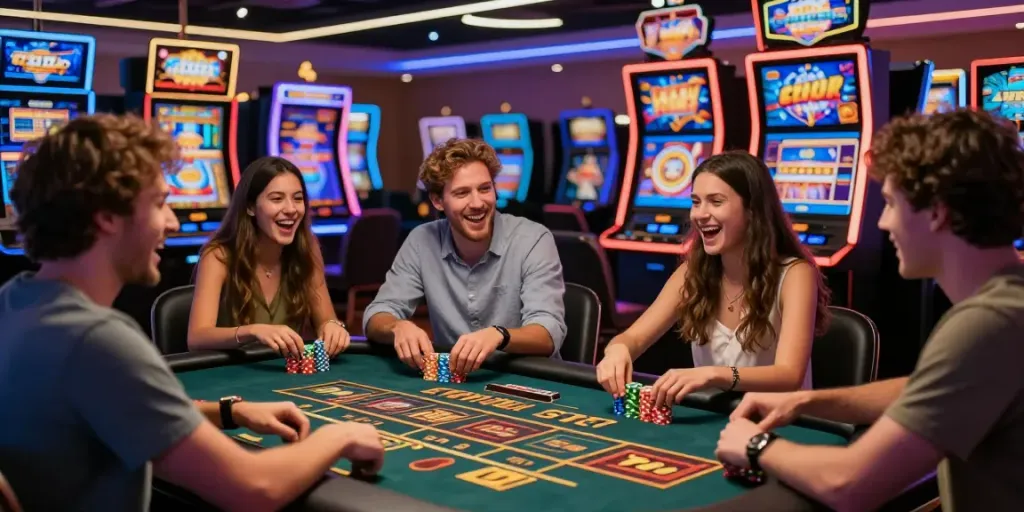 Friends enjoying a thrilling night of toto togel and slot games in a vibrant casino atmosphere.