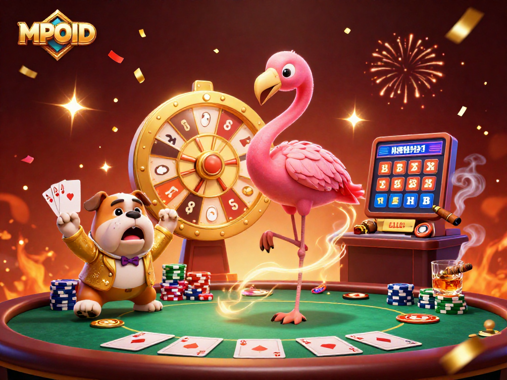 MPOID showcases thrilling moments of a game show with a flamingo host and bulldog contestant in an exciting casino setting.
