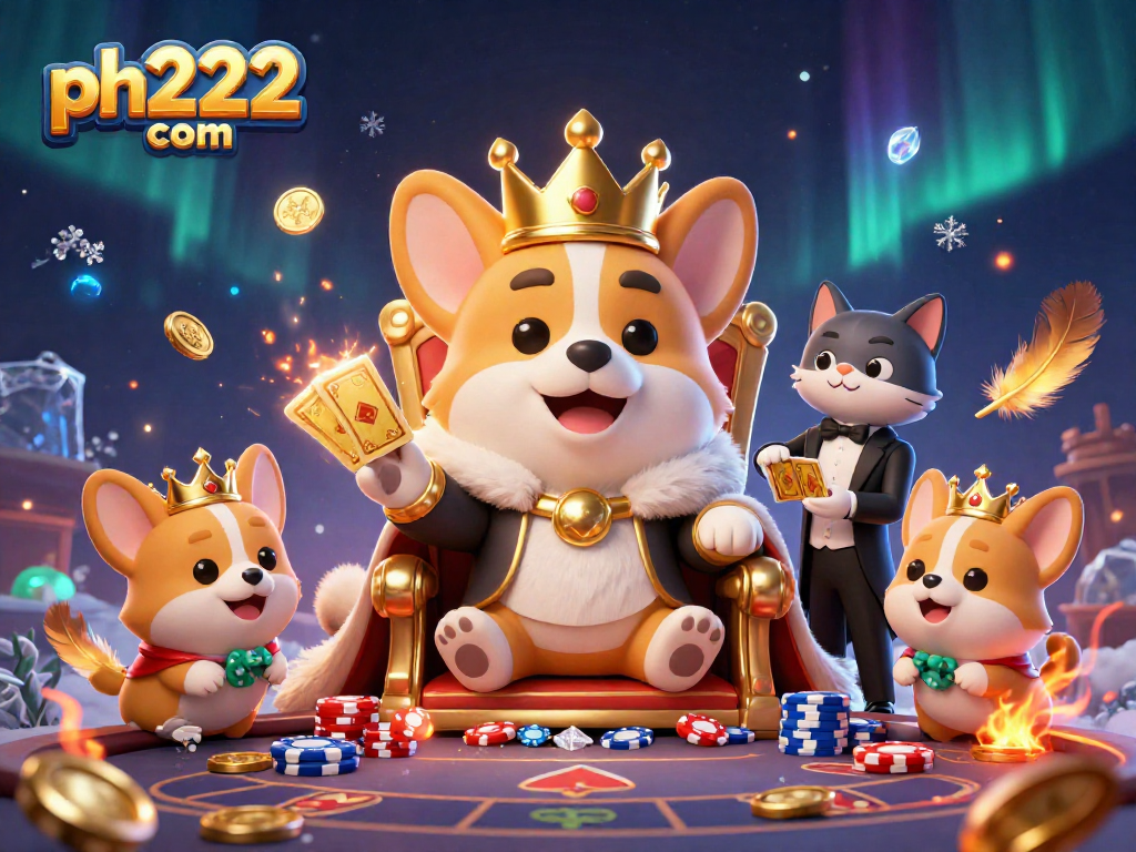 Engage with ph222 com featuring a royal corgi on a poker chip throne surrounded by gaming elements.