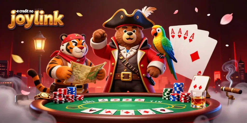 Claim free credit no deposit joylink with a vibrant casino scene featuring a pirate bear and tiger.