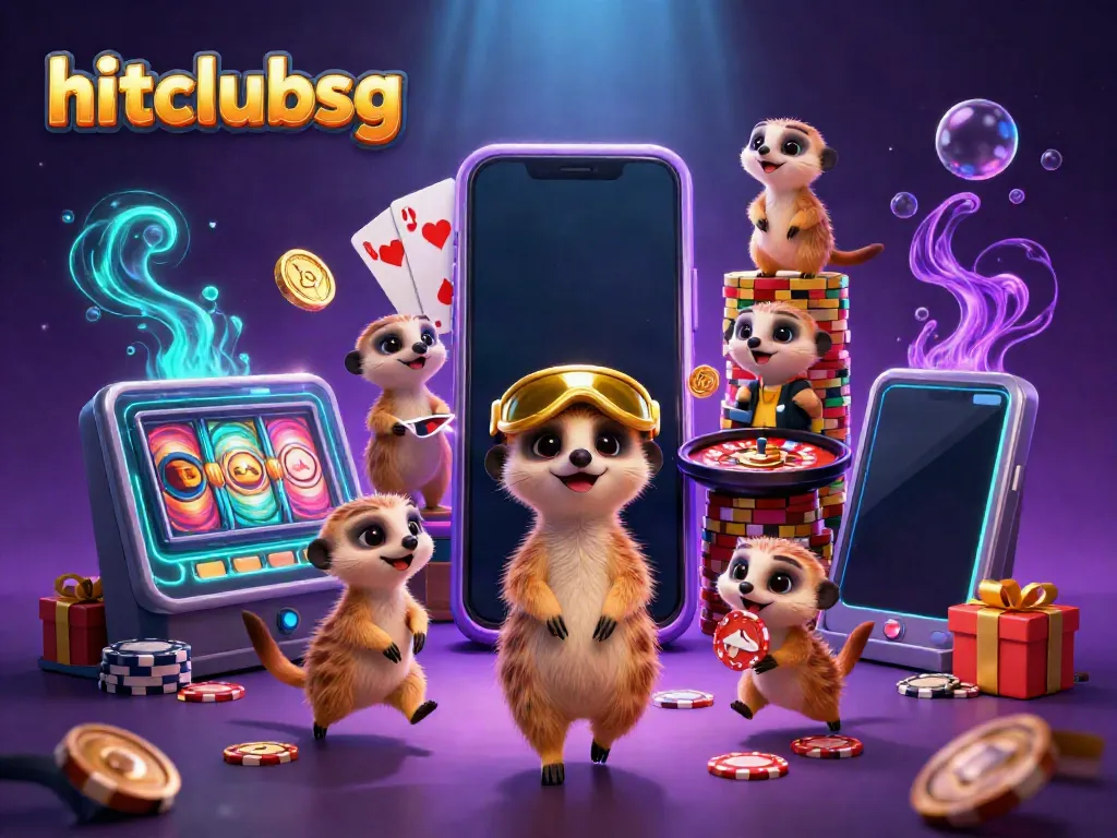 Engage with hitclubsg as meerkats manage a lively casino scene filled with colorful gaming excitement.