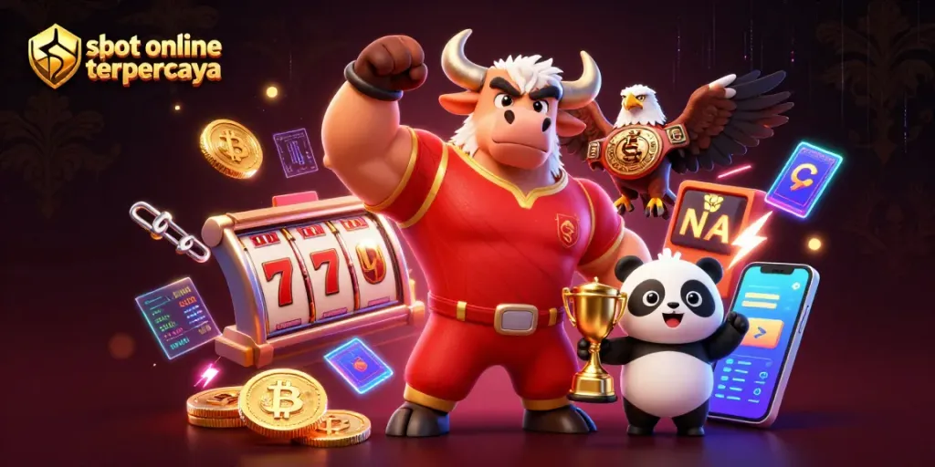 Win big with slot online terpercaya featuring a bull mascot and jackpot elements in a vibrant 3D scene.