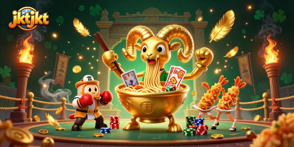 Nikmati taruhan di jktjkt dengan ilustrasi kartun 3D yang menampilkan bola ramen emas raksasa dan karakter menarik lainnya.
