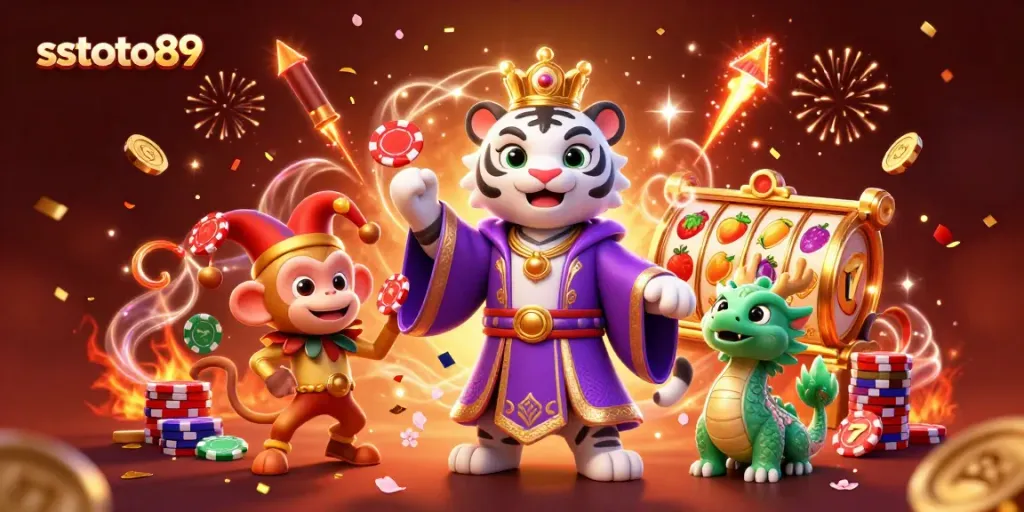 sstoto89 memperlihatkan harimau putih 3D sedang bermain slot, dikelilingi warna merah dan emas