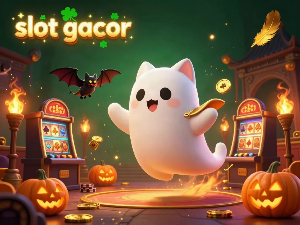 Experience the thrill of slot gacor with this vibrant 3D illustration featuring a ghost cat at a haunted casino.
