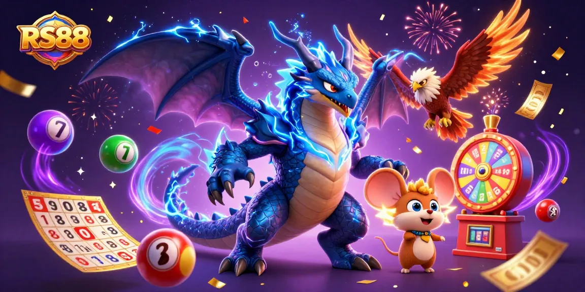 Experience thrilling gaming at RS88 with a vibrant 3D casino illustration capturing lightning characters and lottery excitement.