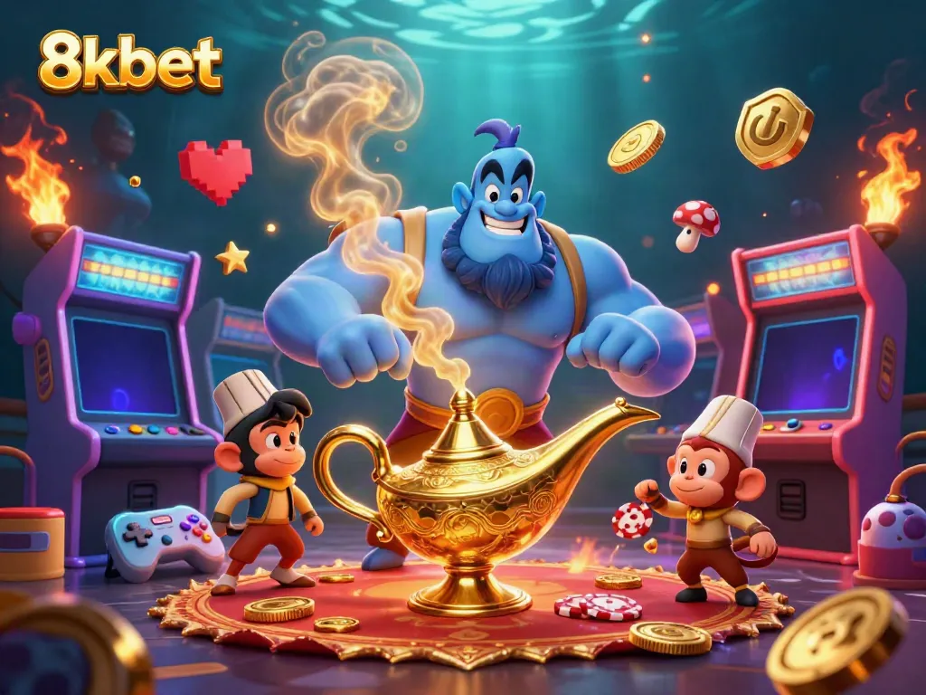 Experience the vibrant world of 8xbet as a magical genie emerges, surrounded by casino game elements.