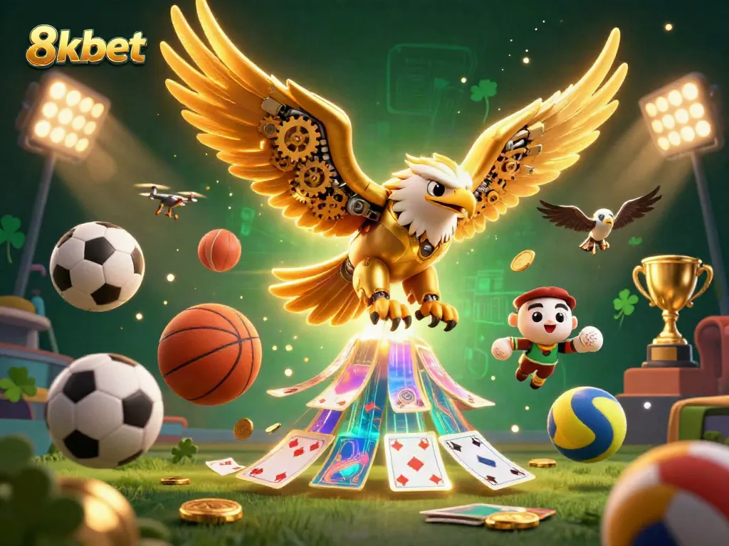 Experience excitement at 8xbet with a dynamic illustration showcasing a golden eagle amidst sports and casino elements.