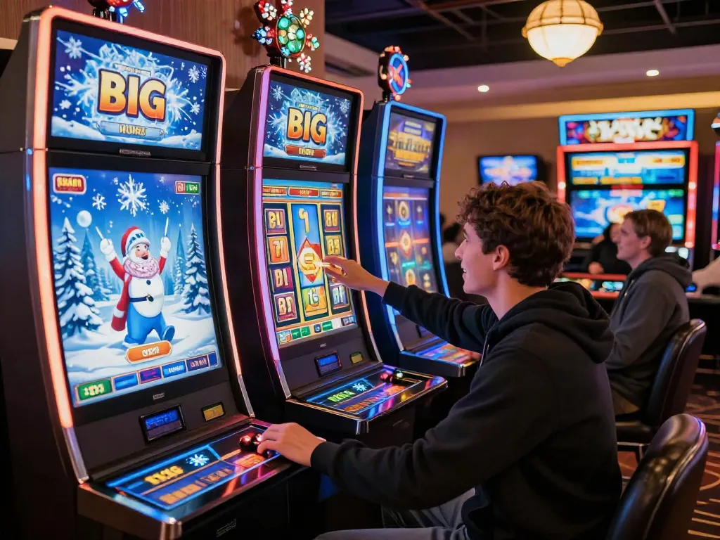 Erlebnis im Ica Casino Österreich: Spieler genießt winterlichen Casino-Charme mit attraktiven Spielautomaten und Ambiente.