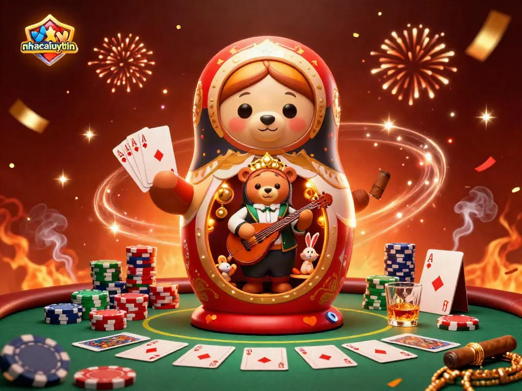 Experience thrilling casino vibes with nhacaiuytin's dynamic 3D scene of bears and dealers.