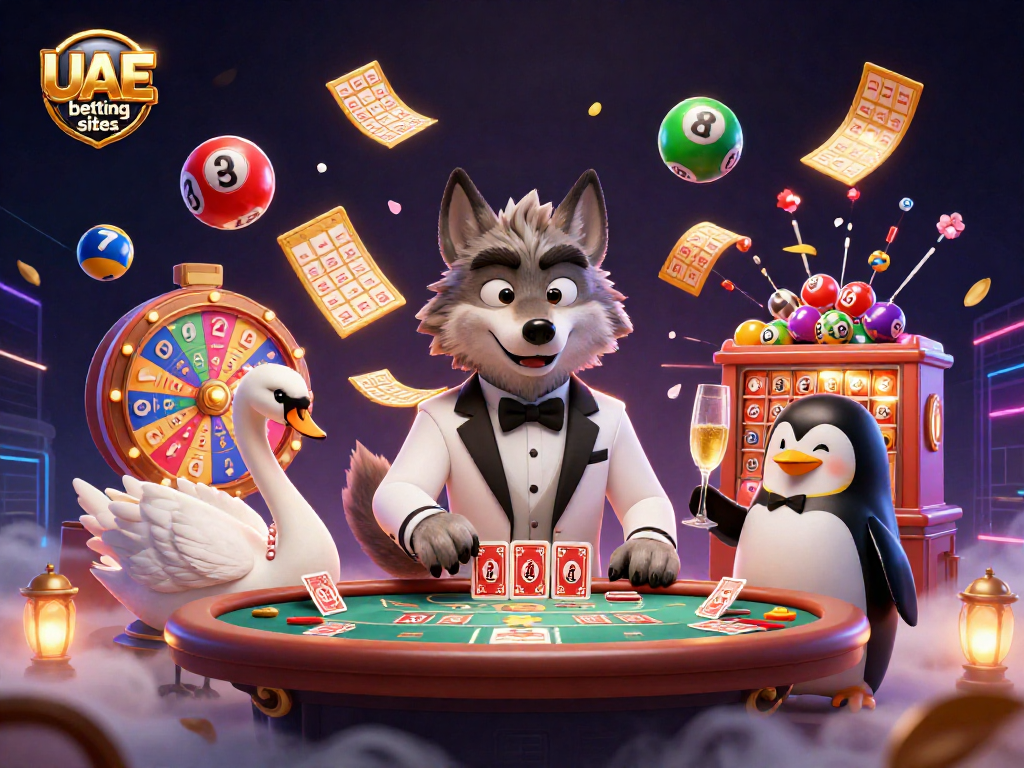 Experience thrilling moments with UAE betting sites at a lively casino scene featuring charming characters.