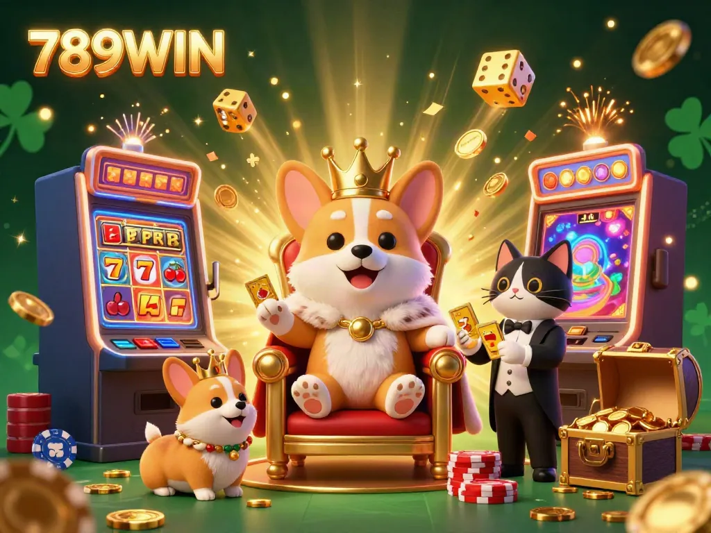 Experience thrilling wins at 789WIN with vibrant casino elements and a playful royal corgi theme.