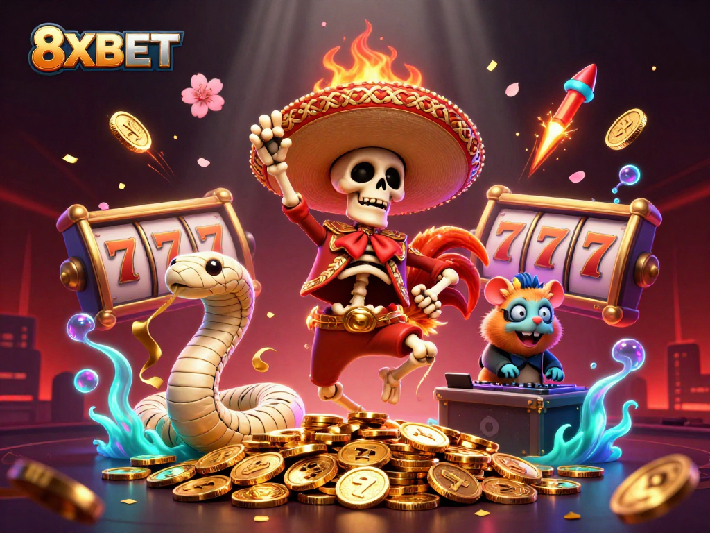 Experience the excitement of winning at 8XBET with vibrant characters celebrating amidst thrilling casino elements.