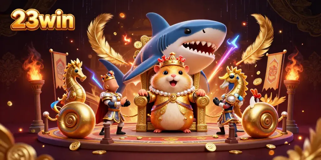 Engage in thrilling gameplay with the 23win megalodon-themed casino illustration, featuring a golden hamster king.