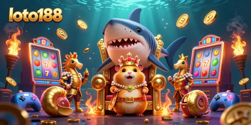 Experience a winning moment at loto188 with vibrant 3D casino elements surrounding a hamster king on a throne.