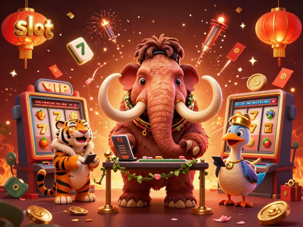 Engage in thrilling slot gameplay with a whimsical casino scene featuring lively characters.