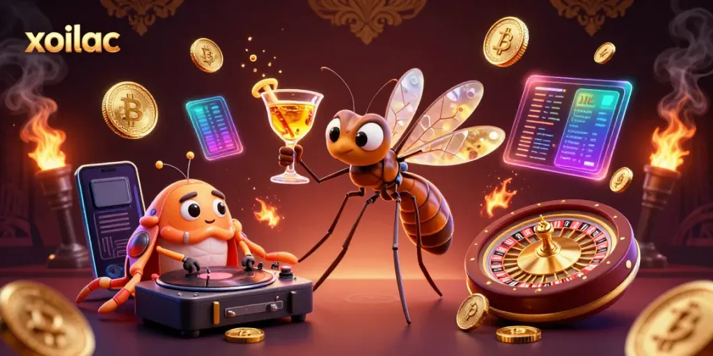 Xoilac casino mascot bringing excitement with golden elements and 3D coins.
