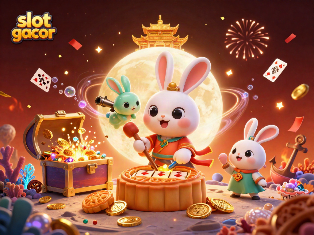 Experience the excitement of slot gacor with a detailed 3D illustration featuring a rabbit character and slot reels.