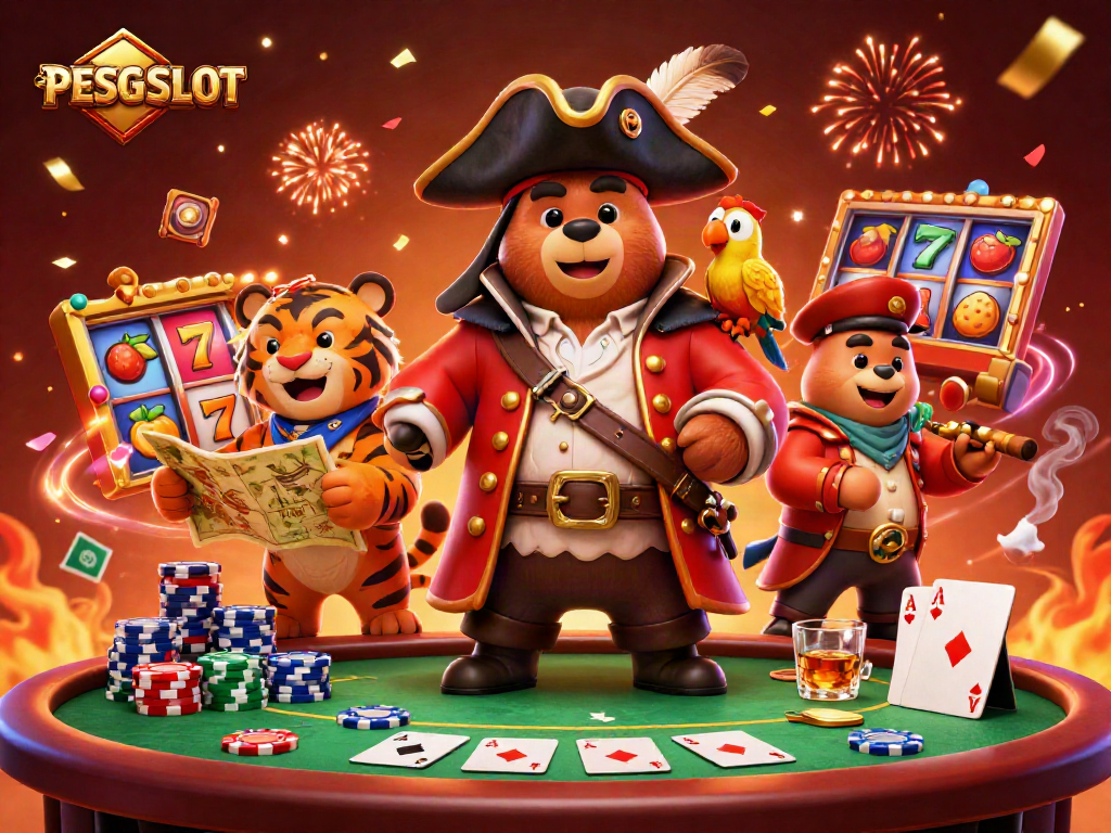Slot bertema PESGSLOT dengan beruang bajak laut dan harimau, dikelilingi simbol buah dan tumpukan chip poker.