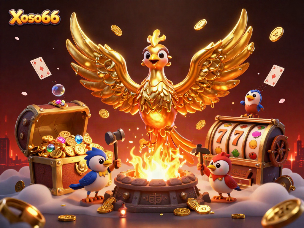 Xoso66 brings luck with a molten phoenix rising in a vibrant casino-themed illustration.