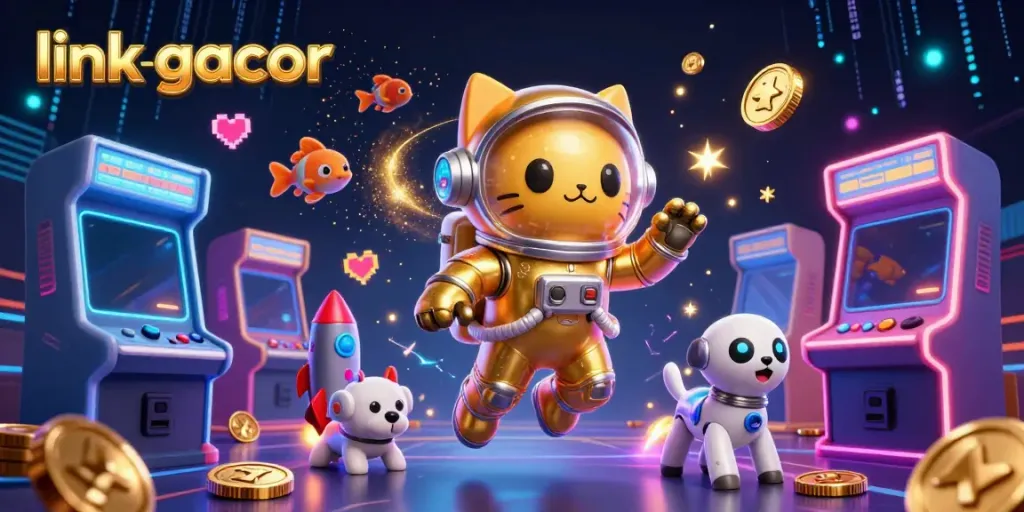 Engage with the vibrant scene of the link gacor online casino showcasing an astronaut cat and robot dog in a stellar casino adventure.