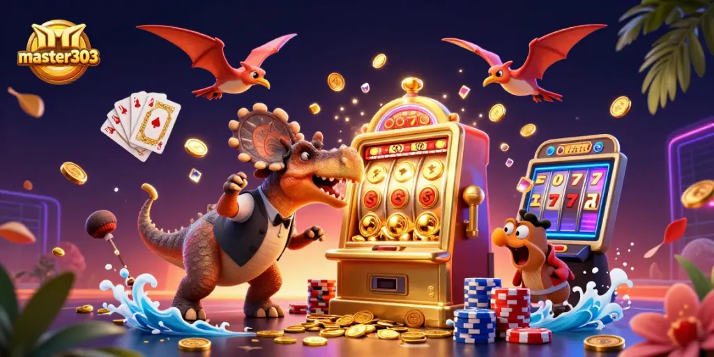 Master303 menampilkan kasino di mana dinosaurus bergaya kartun bermain mesin slot yang mengeluarkan koin jackpot.