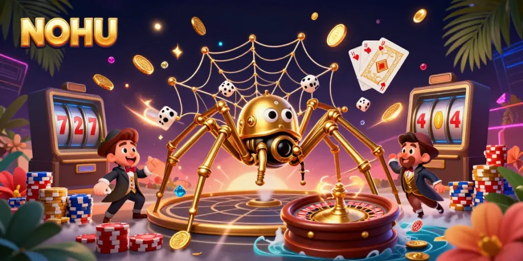 Enjoy thrilling gaming at NOHU, featuring an intricate steampunk spider and dynamic casino elements.