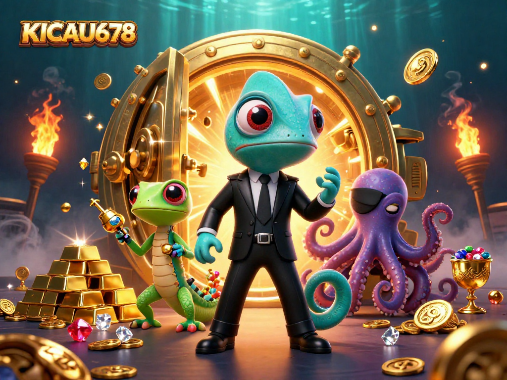 KICAU678 showcases vivid 3D illustration of chameleon agent and gecko companion amidst treasure in a vibrant casino world.