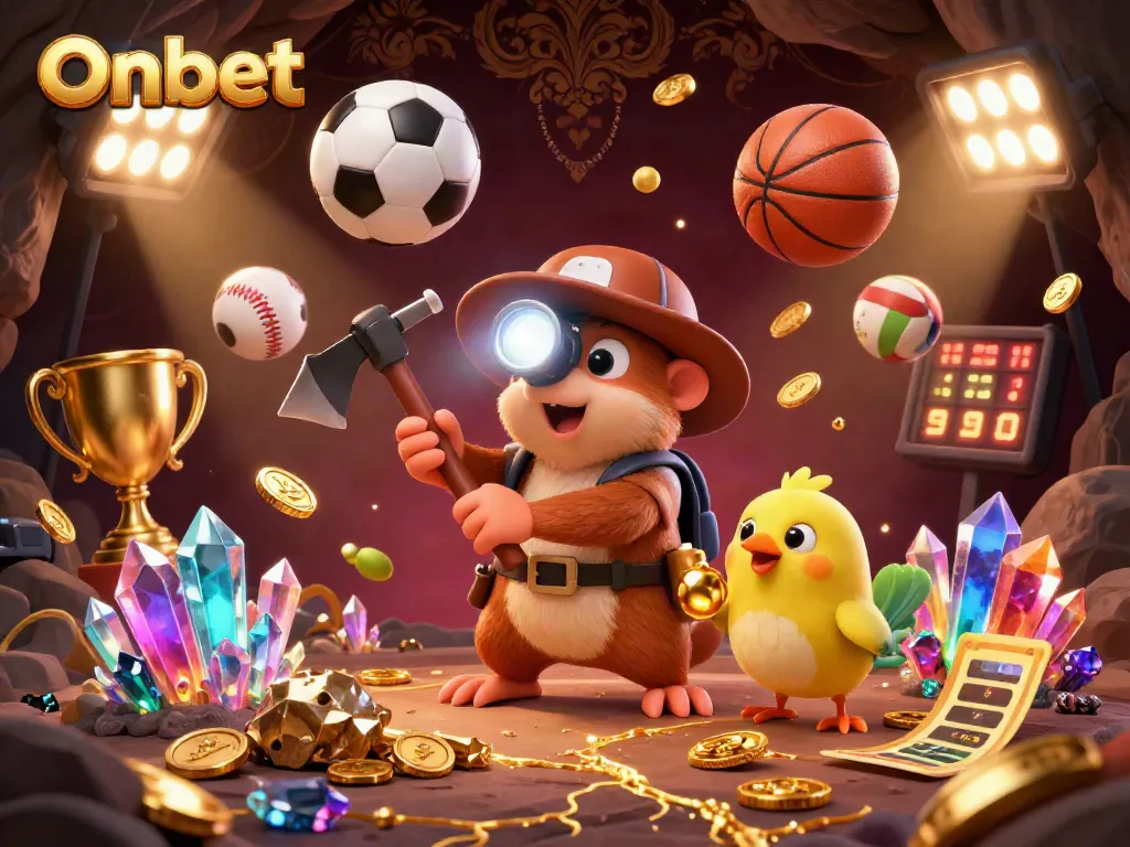 Win big with Onbet in this colorful scene of a treasure hunter mole in a dynamic gaming environment.