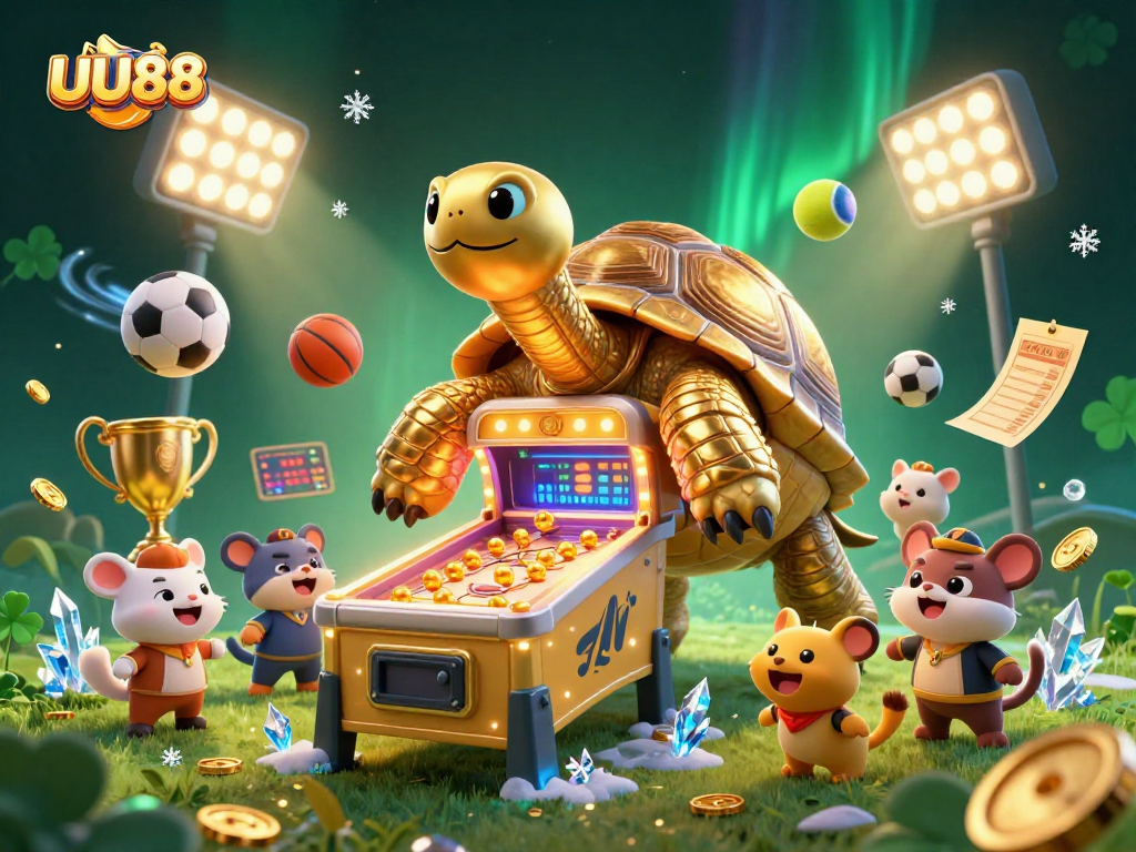 Experience fast-paced action with UU88's golden tortoise and sports elements in a vibrant gaming scene.