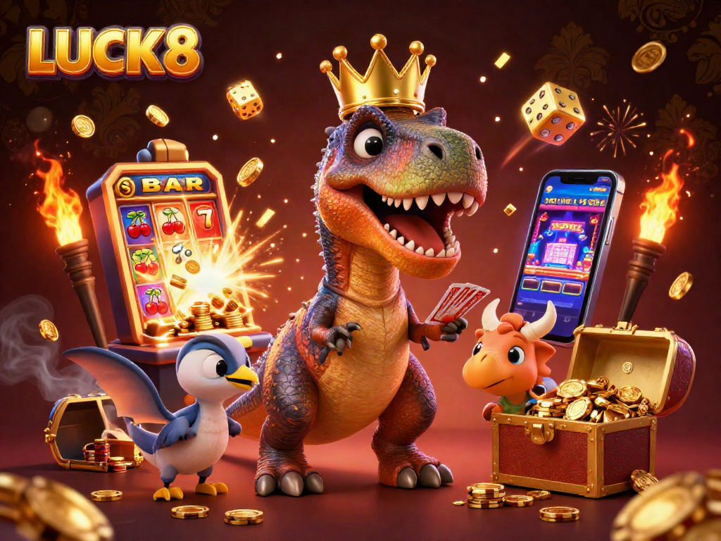 LUCK8 là trò chơi casino sôi động với T-Rex và bạn bè trong thế giới vàng và jackpot.