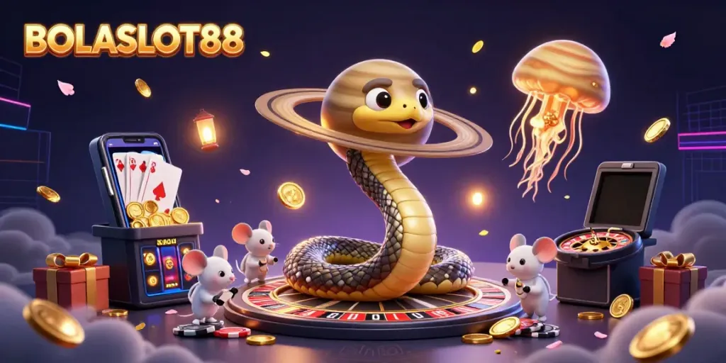 Engage with BOLASLOT88’s dynamic gaming world featuring a cosmic dealer and animated betting scene.