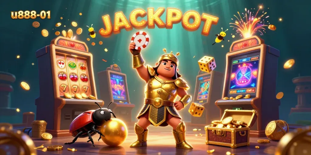 Experience excitement with u888-01 as a victorious beetle lifts a poker chip, slot symbols burst around.