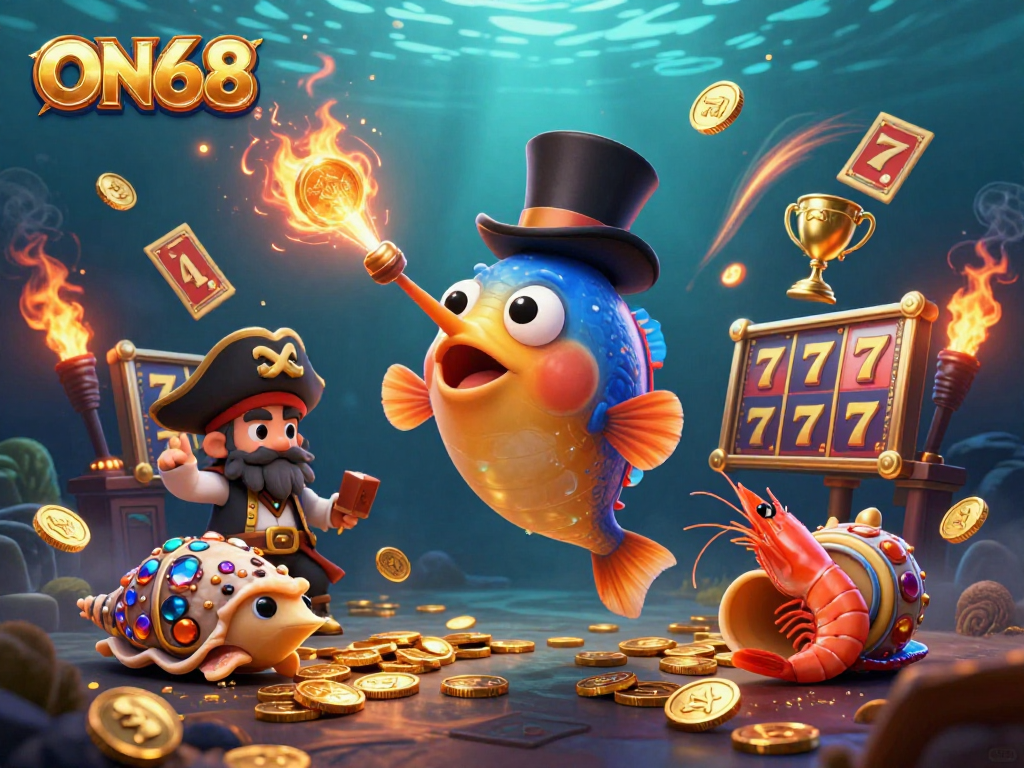 Engage with ON68's thrilling slot experience as a deep-sea anglerfish attracts golden coins amid vibrant elements.