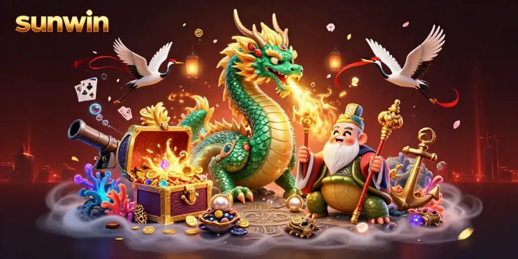 Engage in thrilling games at sunwin, featuring a dragon and vibrant casino elements.
