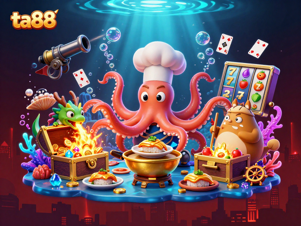 Experience thrilling ta88 gameplay with a vibrant parade of casino characters and gambling elements.
