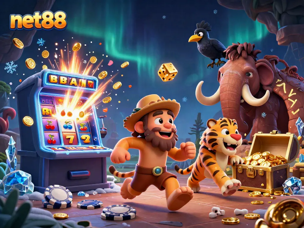Experience thrilling net88 online gaming with cavemen and animals in a lively casino scene.