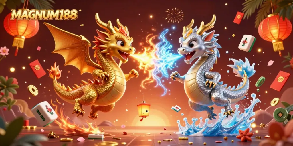 Experience MAGNUM188 with dynamic energy from 3D golden and silver dragons embodying fire and ice amid vibrant casino elements.