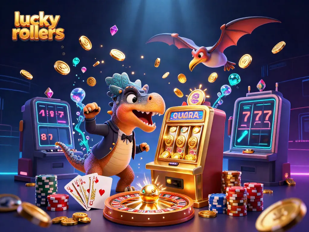 Lucky rollers adventure featuring a pachycephalosaurus at a golden slot machine.