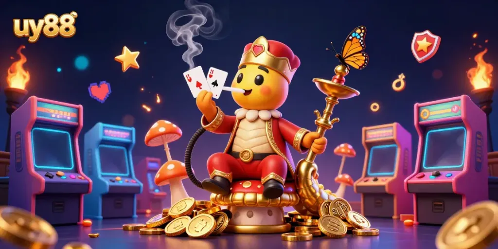 Engage with the vibrant uy88 casino experience featuring a colorful 3D caterpillar character and gaming machines.