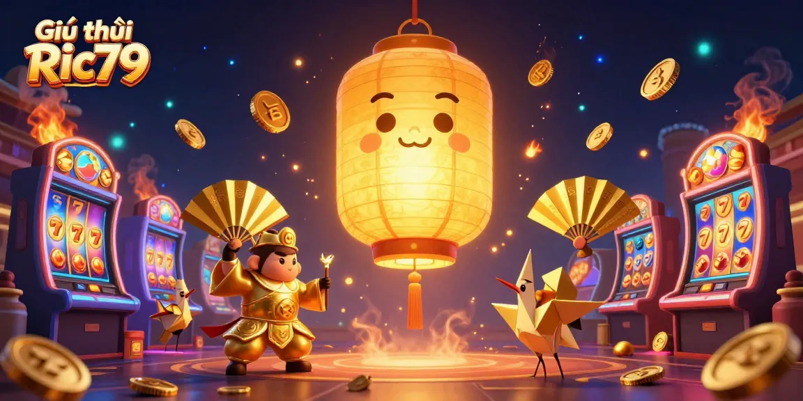 Engage with Giới thiệu Ric79, a dynamic casino scene featuring a golden lantern spirit and vibrant slot games.