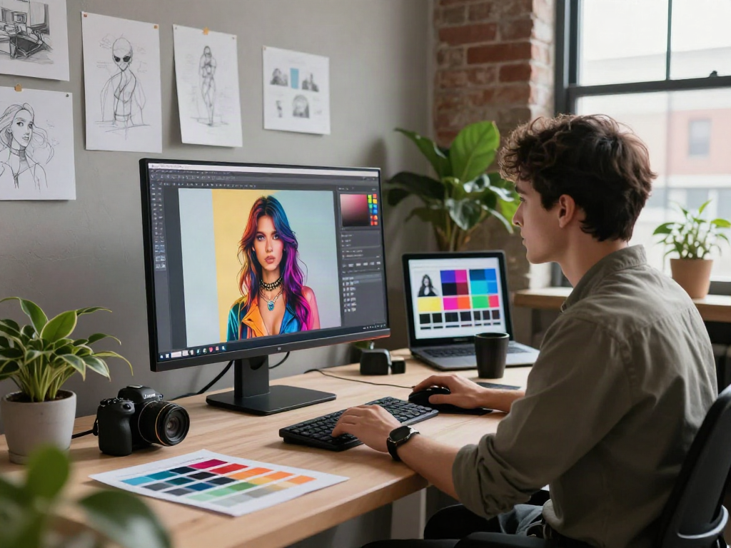 Creative workspace showcasing an ai porn generator design, featuring vivid digital outputs on multiple screens surrounded by artistic sketches and tools.