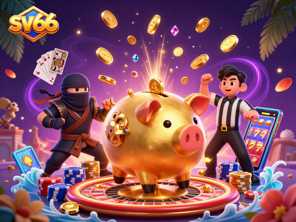 Engage in thrilling gaming action with sv66 featuring a golden piggy bank sumo wrestler amidst flying coins and slots.