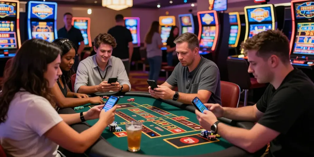 Enthusiastic players at credit card casinos enjoying the thrill of online gambling in a lively casino lounge atmosphere.