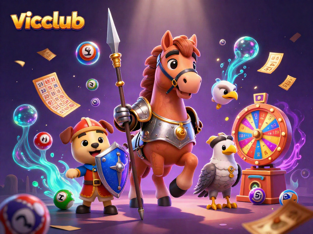 Engage with vicclub's vibrant lottery scene featuring a knight, squire, and falcon.