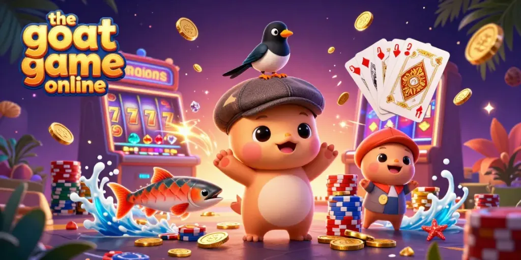Engage in the goat game online with adorable characters amidst cascading coins and exciting slot reels.