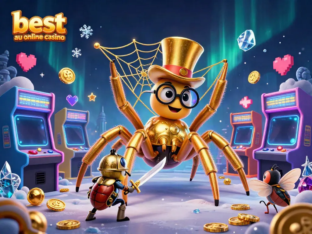 Engaging scene depicting the best AU online casino theme with cartoon characters amidst gold and game paraphernalia.